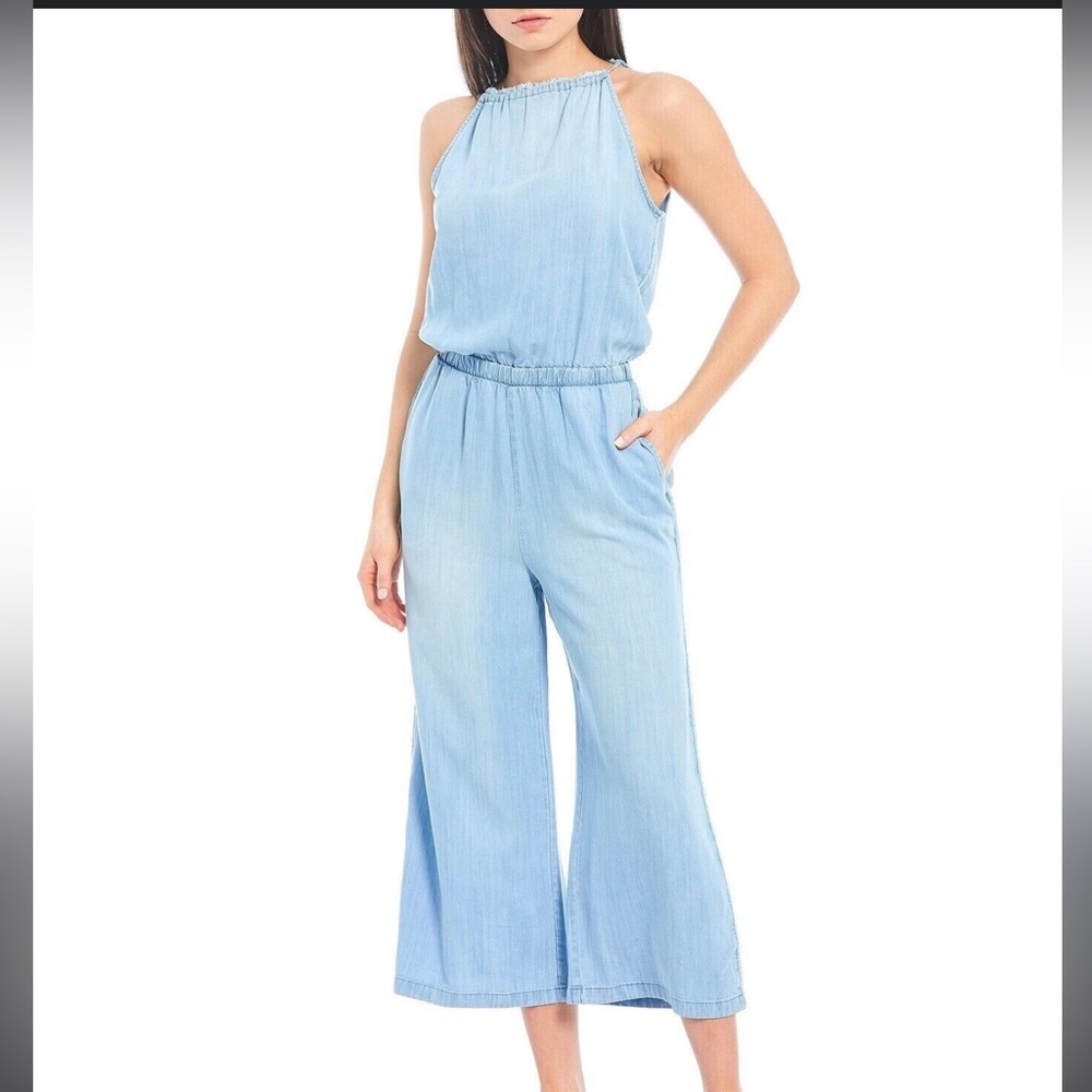 Women's Denim Jumpsuit Sleeveless Tie Waist Overall Rompers Wide-leg Open back
